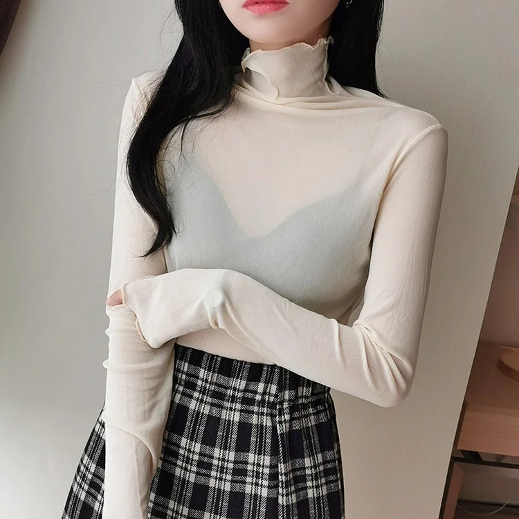 Spring Autumn Women&#39;s Sexy See-Through Mesh Blouse Female Long Sleeve Transparent Elegant Shirt Fashion Women Tops