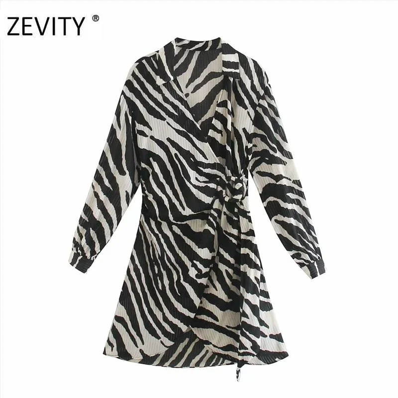 ZEVITY women vintage animal texture print sashes mini dress female batwing sleeve kimono vestido chic casual slim dresses DS4266