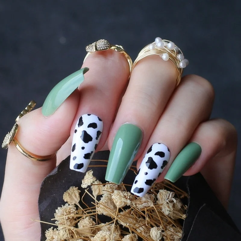 Black white mix and match cow print fake nails Medium coffin false nail UV design gel popular Black spots-Nail Inspo