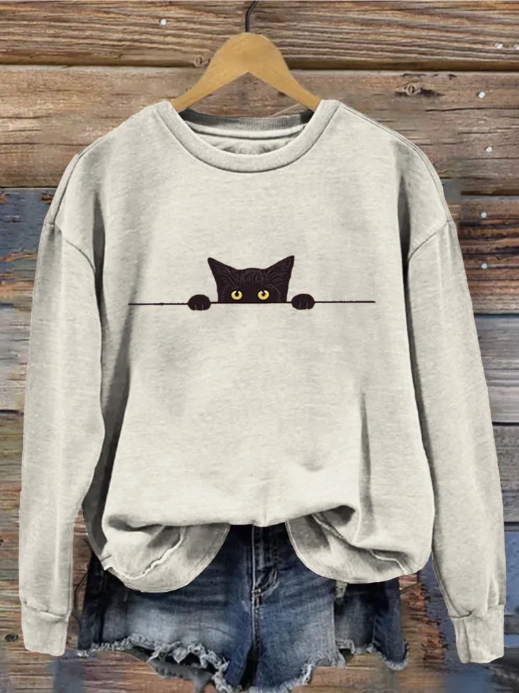 VChics Women's Casual Funny Black Cat Print Sweatshirt