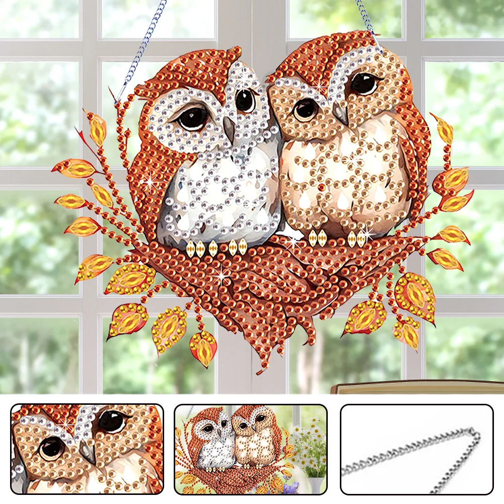 DIY Autumn Owl Special Shape Diamond Painting Hanging Pendant