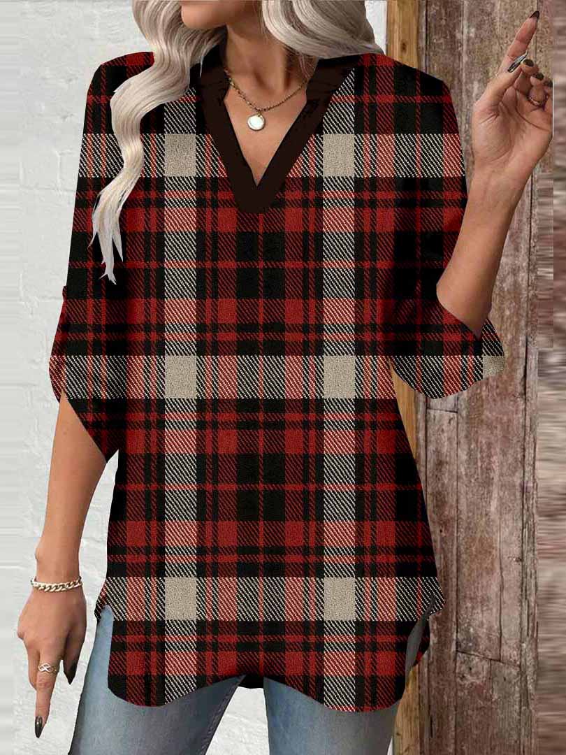 Women Checkered,Red,Green DZGA0307 3/4 Sleeve V-neck Printed Graphic Button Tops