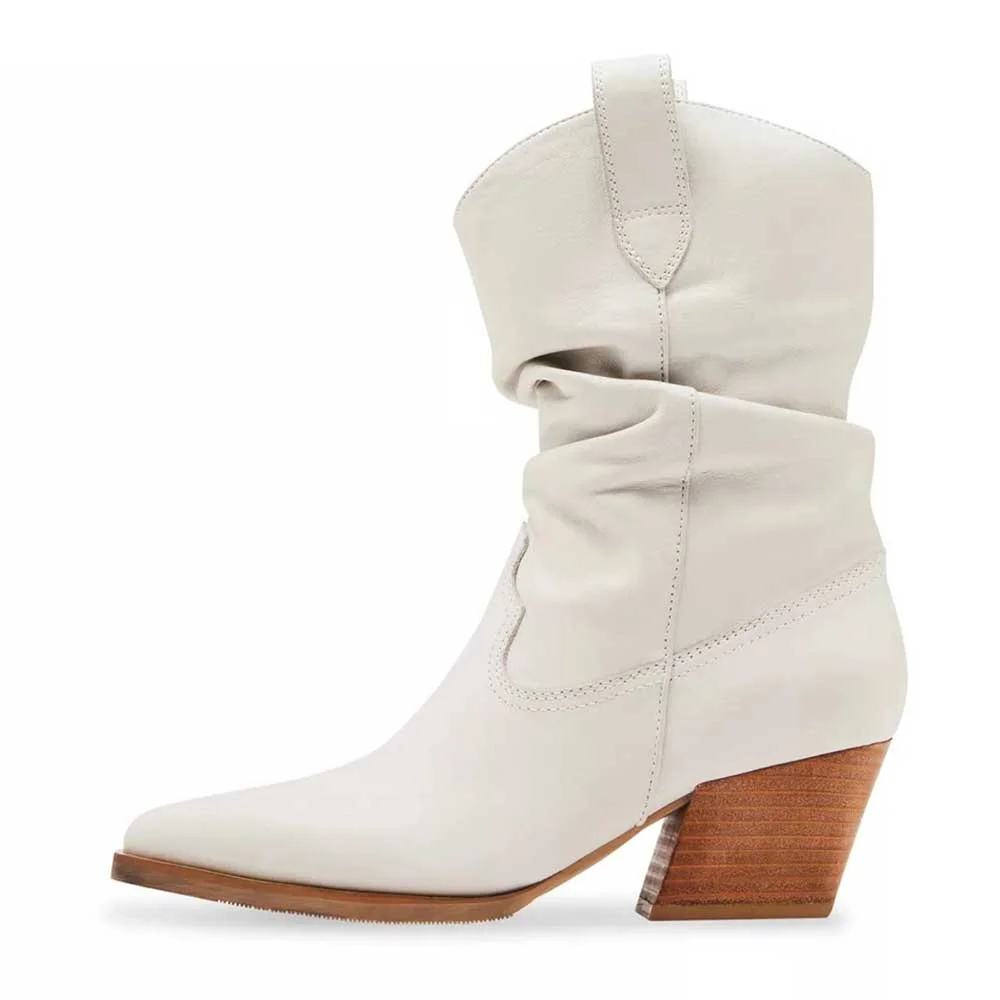 Women's White Pull On Almond Toe Stacked Heel Western Slouch Boots