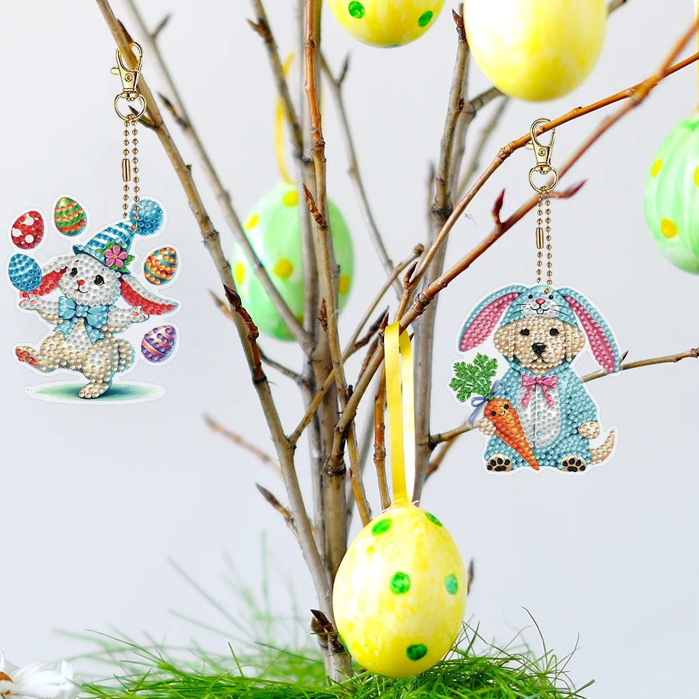 6Pcs Double Sided Special Shape Easter Animals Diamond Painting Art Keyring