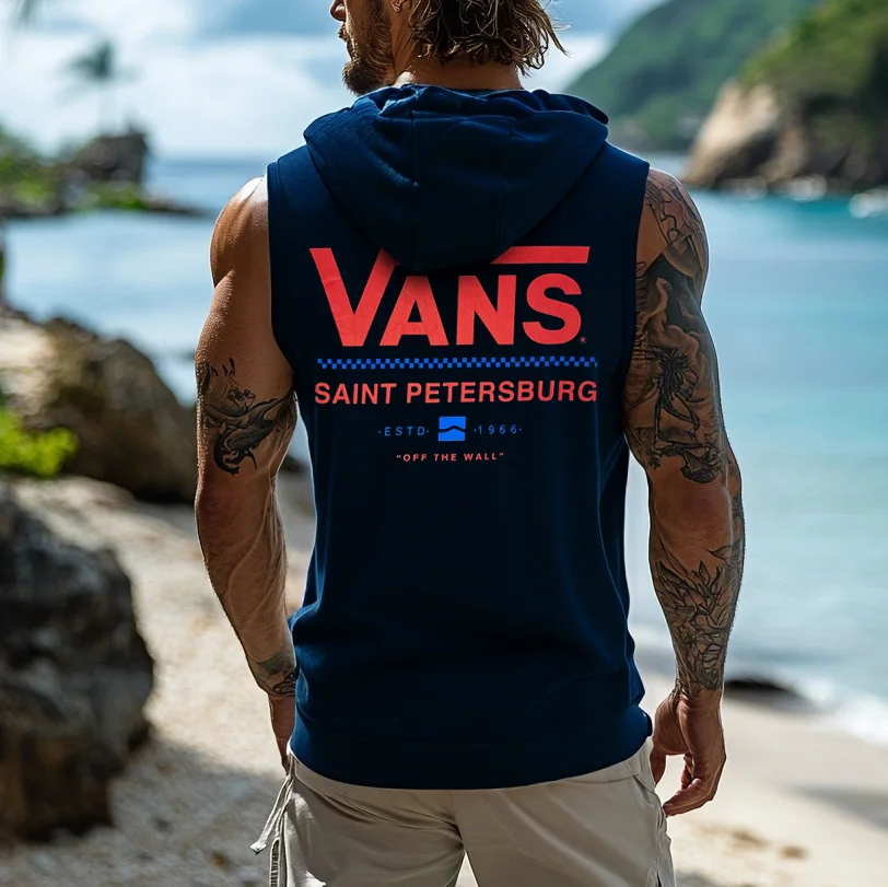 Men's Vintage Surf-Inspired Graphic Hooded Tank Top