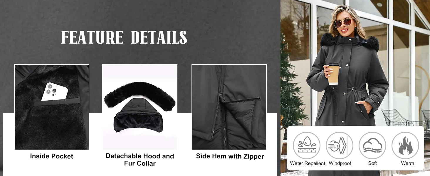 Text reads 'FEATURE DETAILS'. Product features diagram showing 'Inside Pocket', 'Detachable Hood and Fur Collar', 'Side Hem with Zipper', with corresponding icons for water-resistant, wind-proof, and fire-resistant properties.