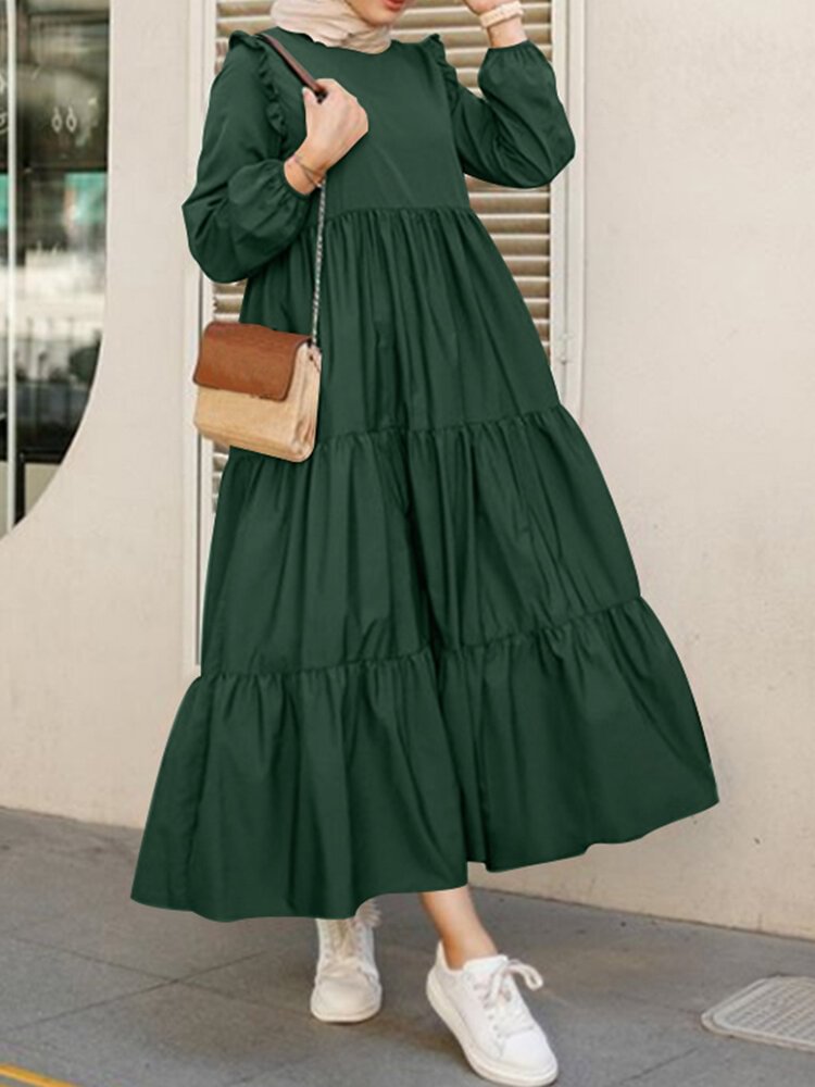 Solid Color Layered Long Sleeve Pleated Dress