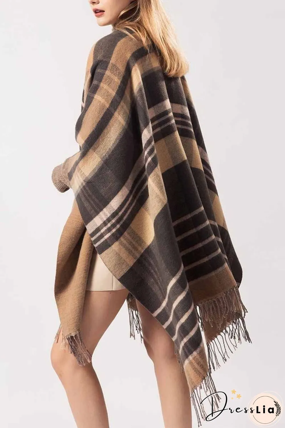 Essential Grid Loose Tassel Shawl Cloak(2 Colors)