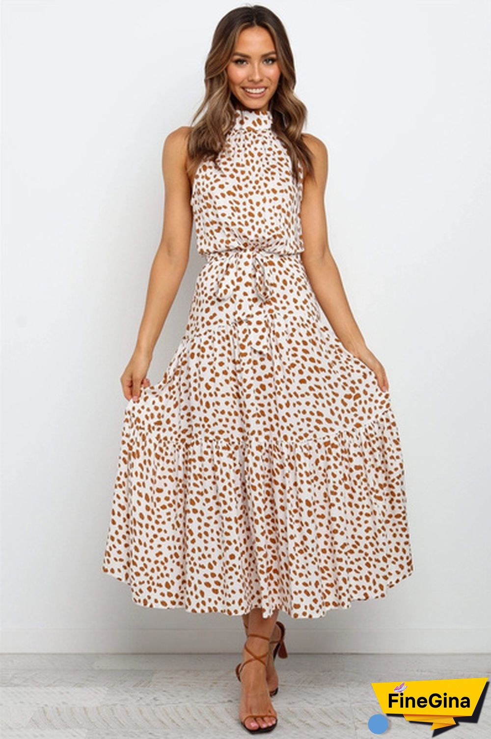 Plus Size Elegant Ladies Dress Sleeveless Collect Waist Polka Dot Long Boho Casual Beach