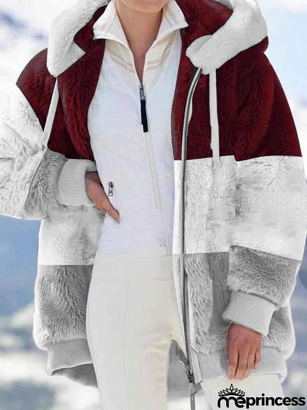 Fashion Color Blocking Plush Zipper Hooded Jacket