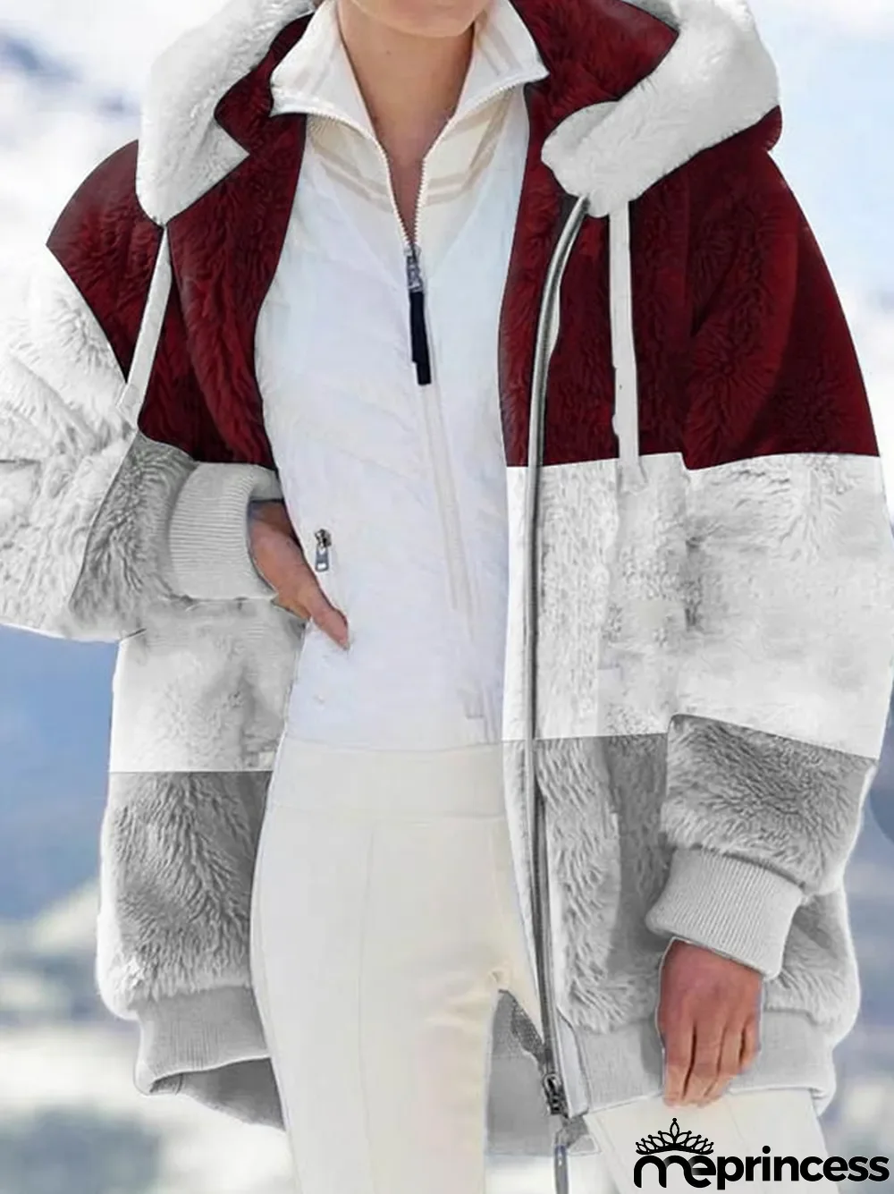 Fashion Color Blocking Plush Zipper Hooded Jacket