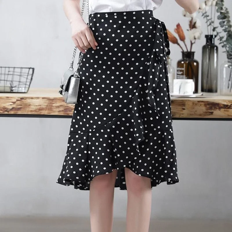 Elegant Ruffles Bandage Polka Dot Printed Mermaid Skirt 2022 Spring New Korean Fashion High Waist All-match Chiffon Midi Skirt