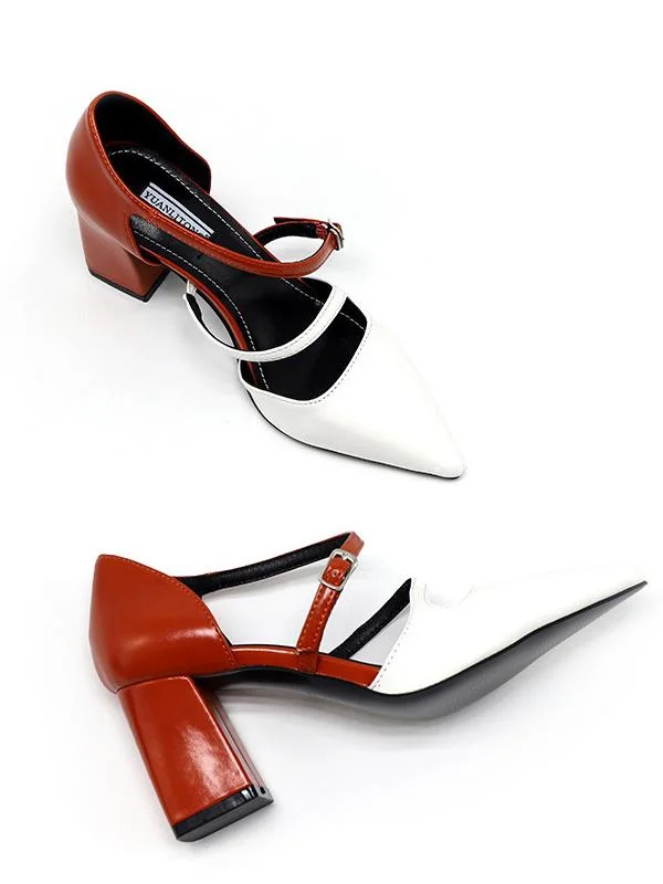 Personalized fashion fairy color matching buckle pointed thick heel high heel women's shoes