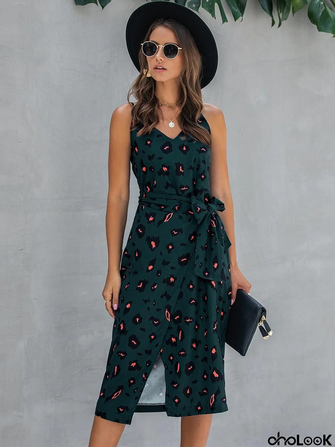 Printed Tie-Waist Spaghetti Strap Dress