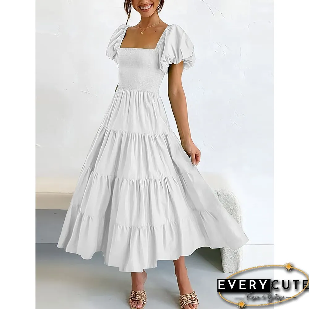 White Square Neck Puff Sleeve Pleated Casual Dress