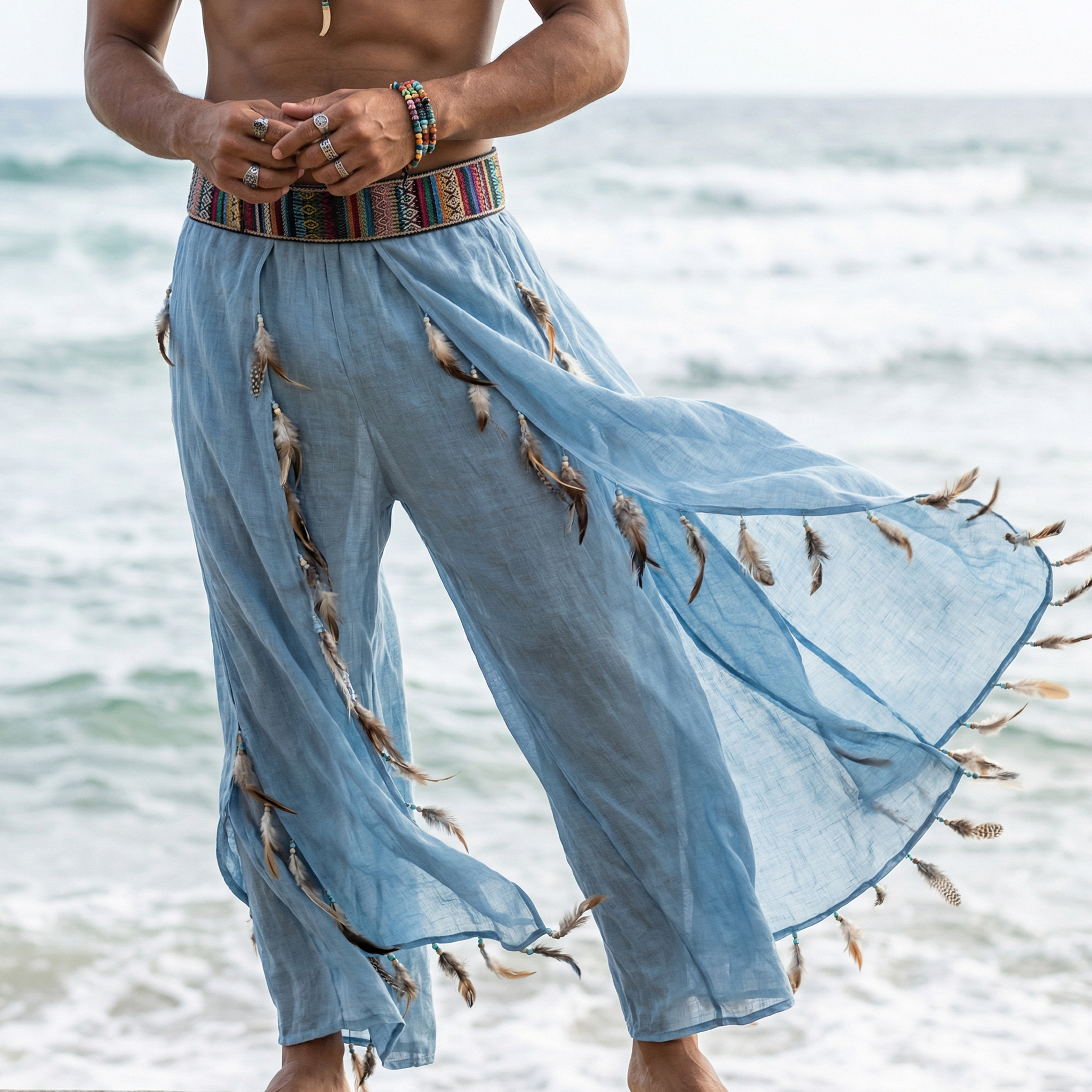 thesupersurf Men's Loose-fitting, Multi-layered, Feather-trimmed, Ethnic-style Linen Trousers For Beach Holidays And Leisure. 