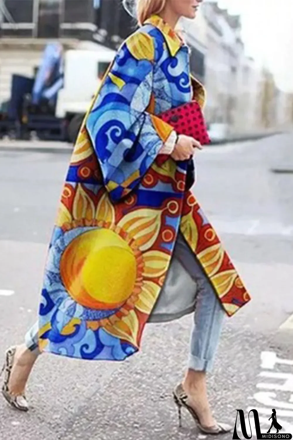 MidiSono - Yellow Blue Street Camouflage Print Patchwork Turndown Collar Outerwear