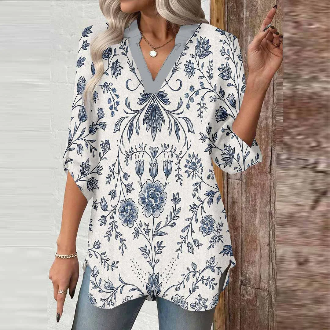 Women Bohemian,  Beige,  Black DZGA0431 3/4 Sleeve V-neck Printed Graphic Button Tops