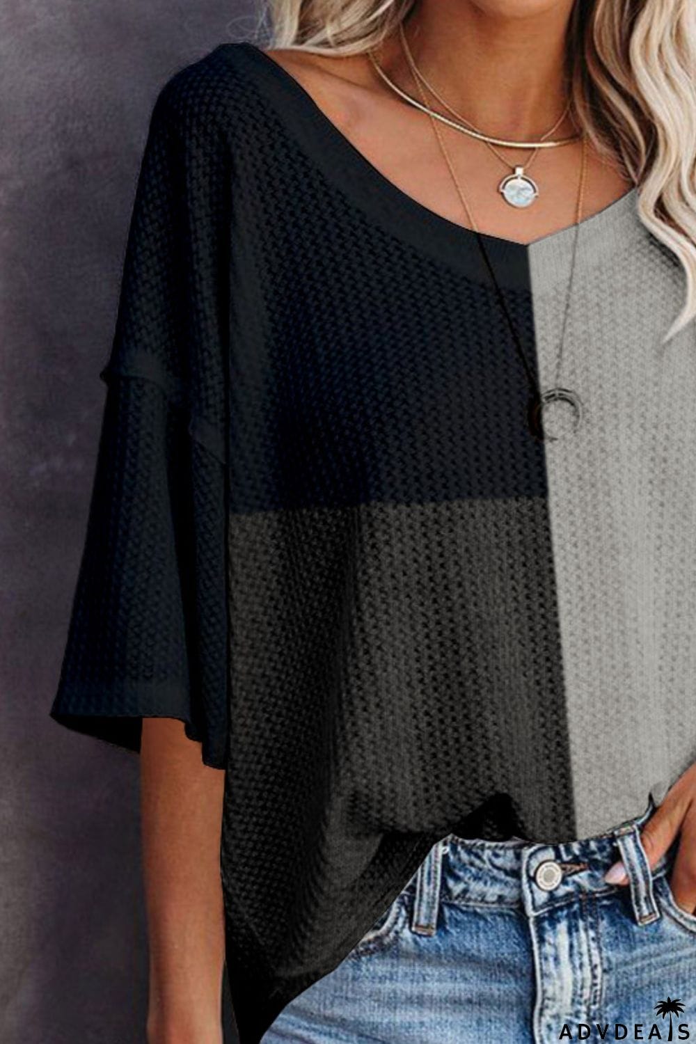 Color Block V-Neck Waffle-Knit Blouse