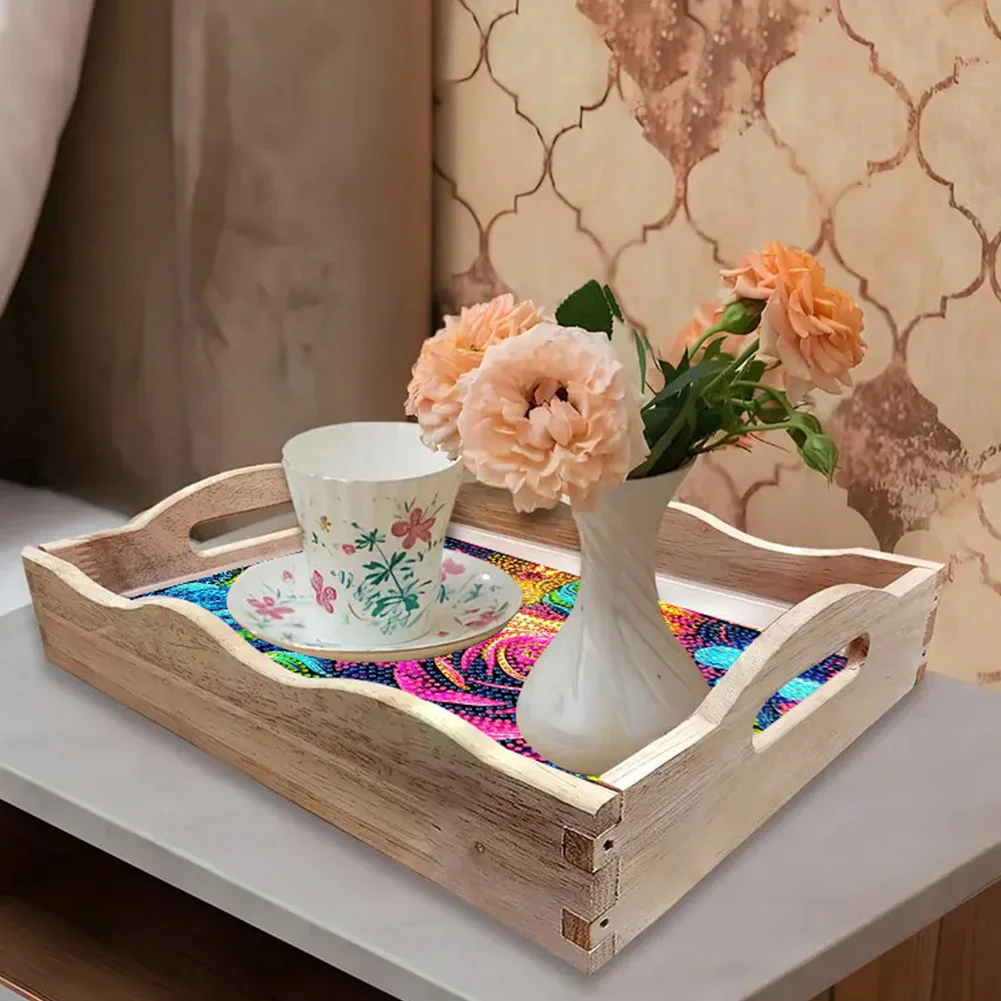 Butterfly Diamond Painting Wooden Serving Tray with Handles Home Decor (C)