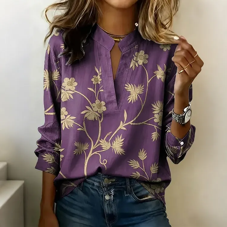 Women's Vintage Floral Art Embroidered Casual V-neck Top