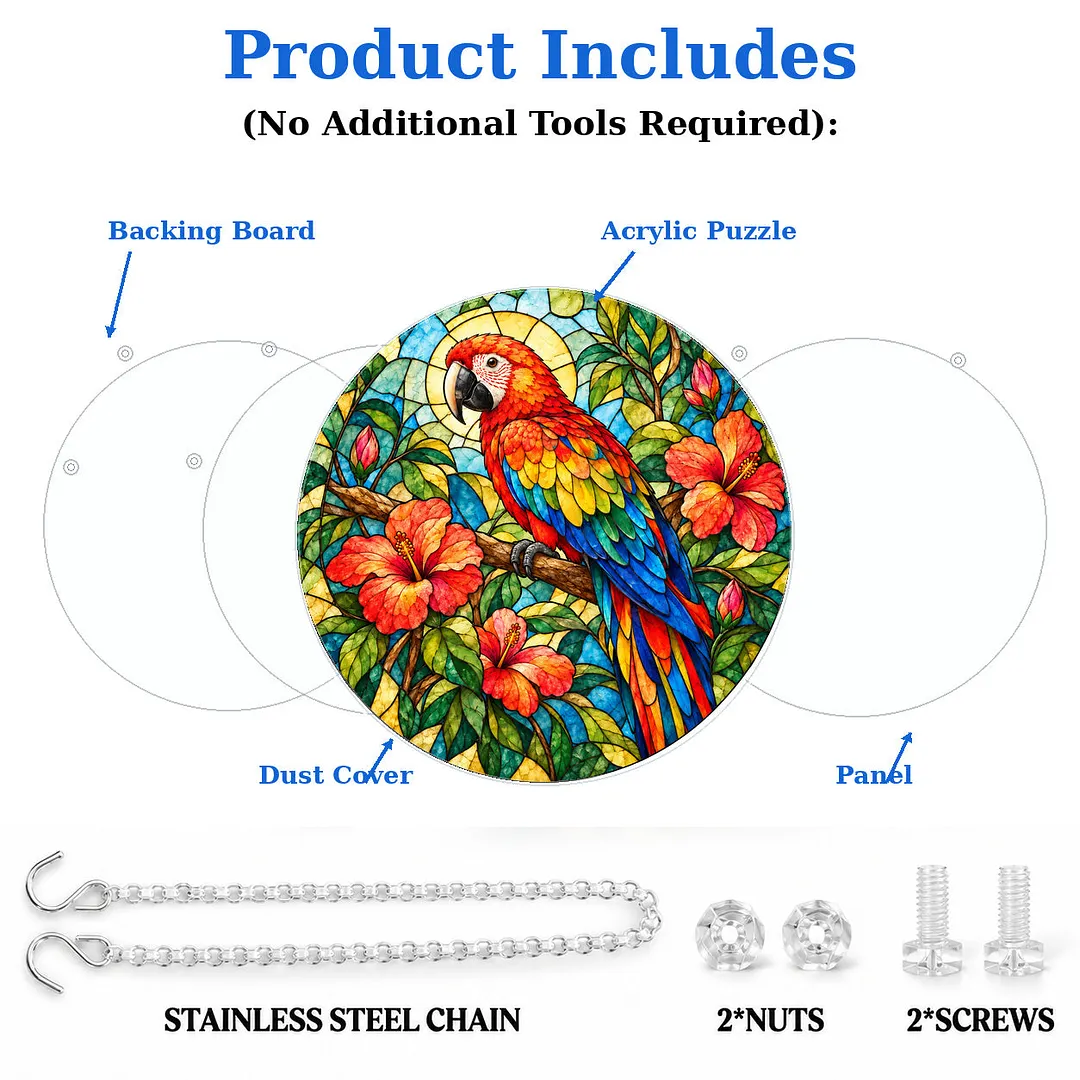 Scarlet Macaw & Hibiscus Stained Glass Suncatcher Puzzle
