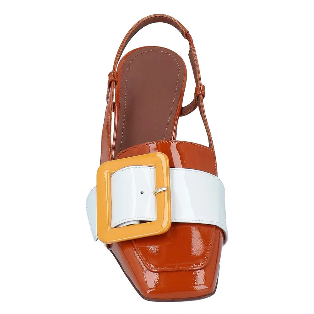 Multicolor Patent Buckle Square Toe Block Heel Slingback Shoes