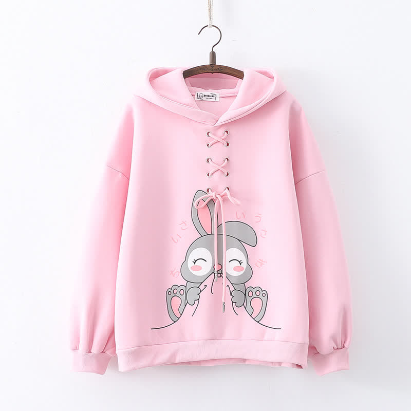 Cartoon Rabbit Print Lace Up Loose Plush Hoodie