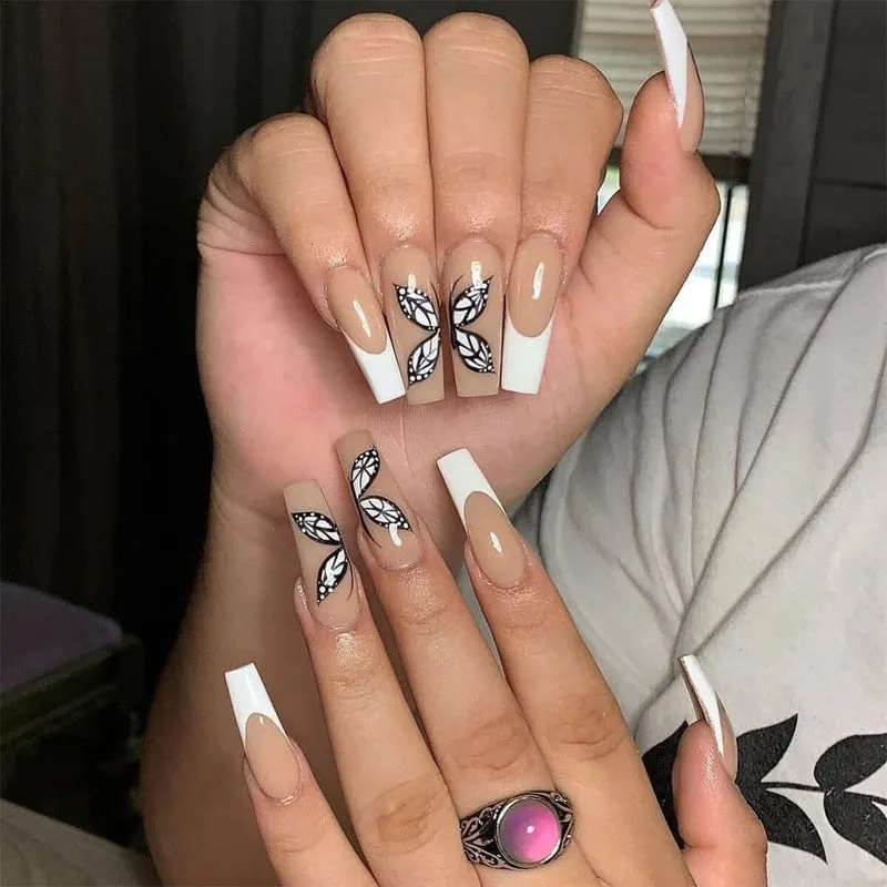 24pcs/set Long Coffin Fake Nails Pre-design Foils Decal Pink Orange Full Cover Nail Art Tips Ballerina Acrylic False Nails 515-1-Nail Inspo