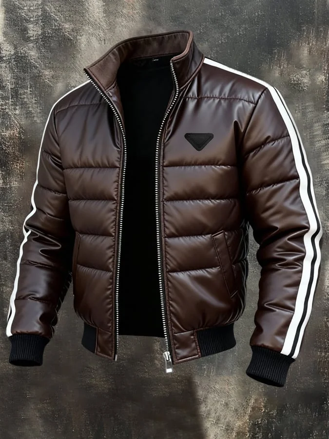 Herren Retro Warm Color Block Zipper Outdoor Soft Lederjacke 
