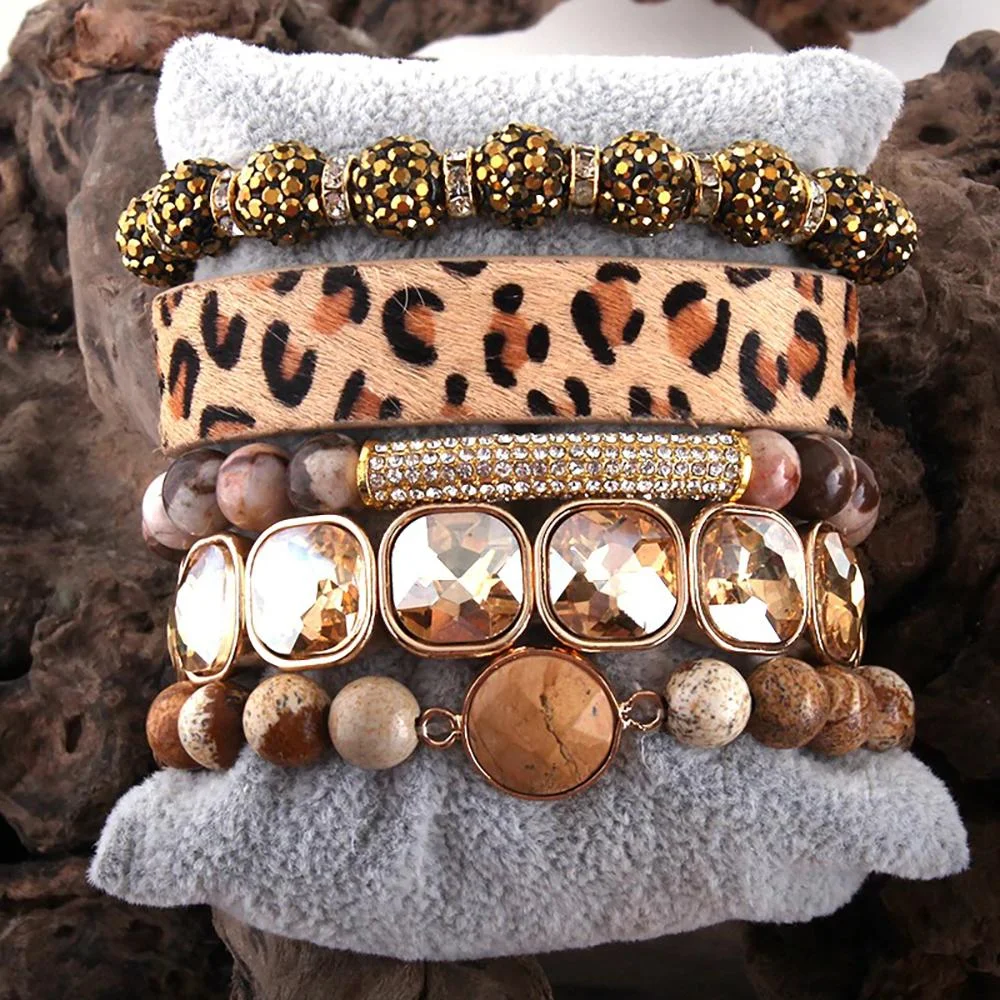 Eye-Catching 5pcs Leopard Print with Rhinestone Beaded Bracelet Set