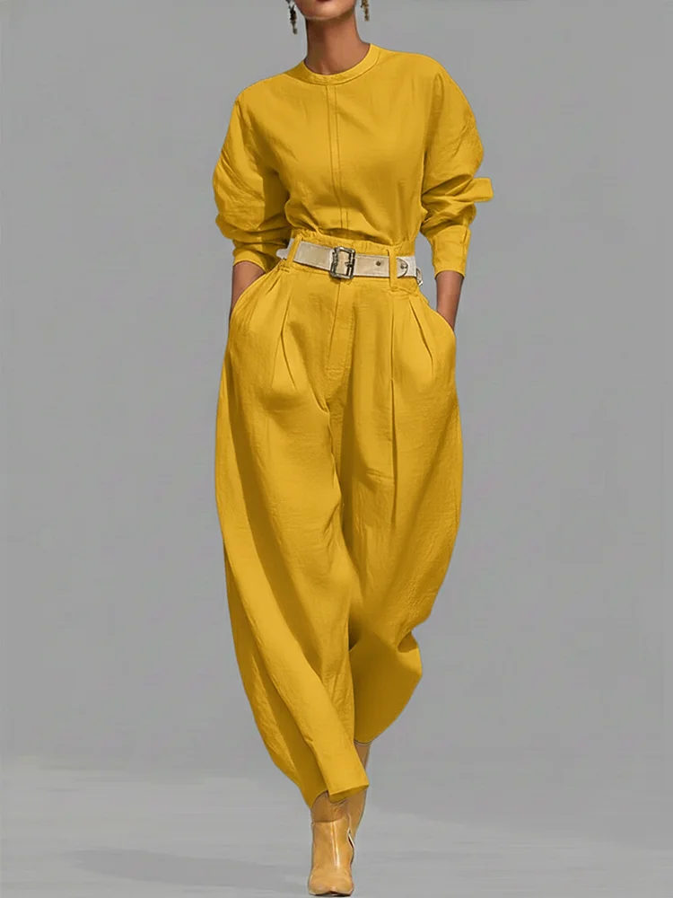 Casual Linen And Cotton Crew-neck Shirt And High-waisted Tapered Trousers Two-piece Set.
