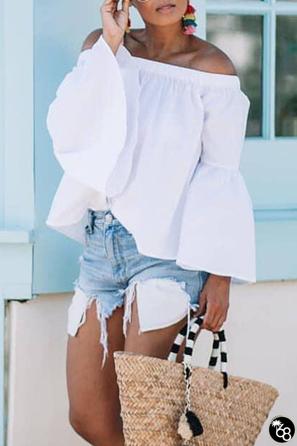 White Casual Solid Patchwork Off the Shoulder Tops | 168DEAL