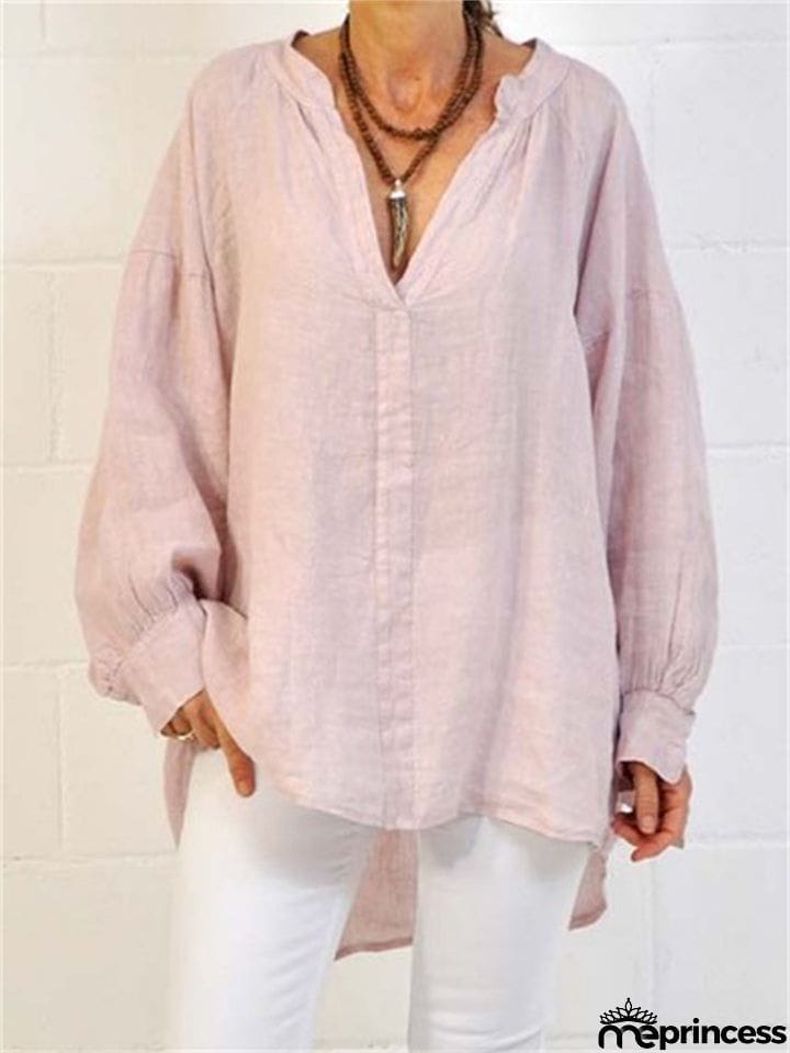 Women's Loose Pullover Style Solid Color V-Neck Blouse