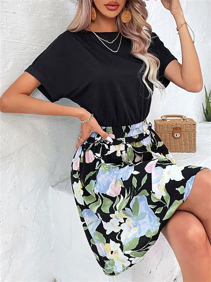 Summer Round Neck Women's Fashion New Print Pleated Splicing In The Waist Set Head A-line Dress Temperament Commuter Dress-Cosfine