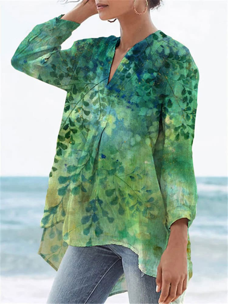 Women's  Flower Print Casual Linen V-neck Shirt