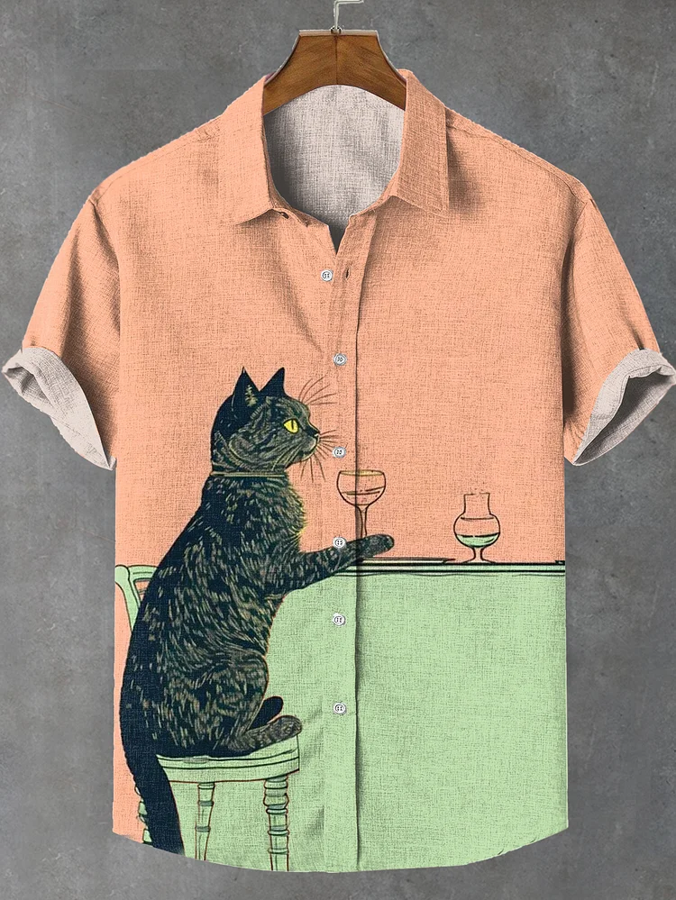 Men's Chilling Black Cat Champagne Print Linen Blend Shirt