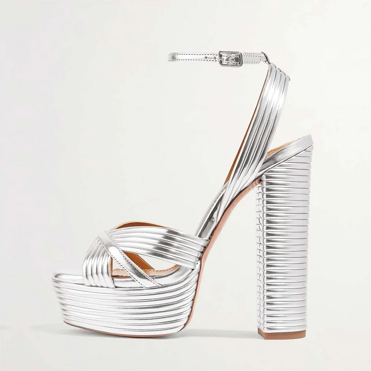 Custom Made Silver Metallic Ankle Strap Platform High Heel Shoes |FSJ Shoes