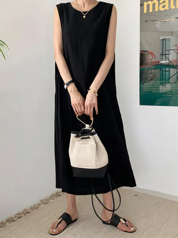 Women Solid Color Sleeveless Casual Loose Dress