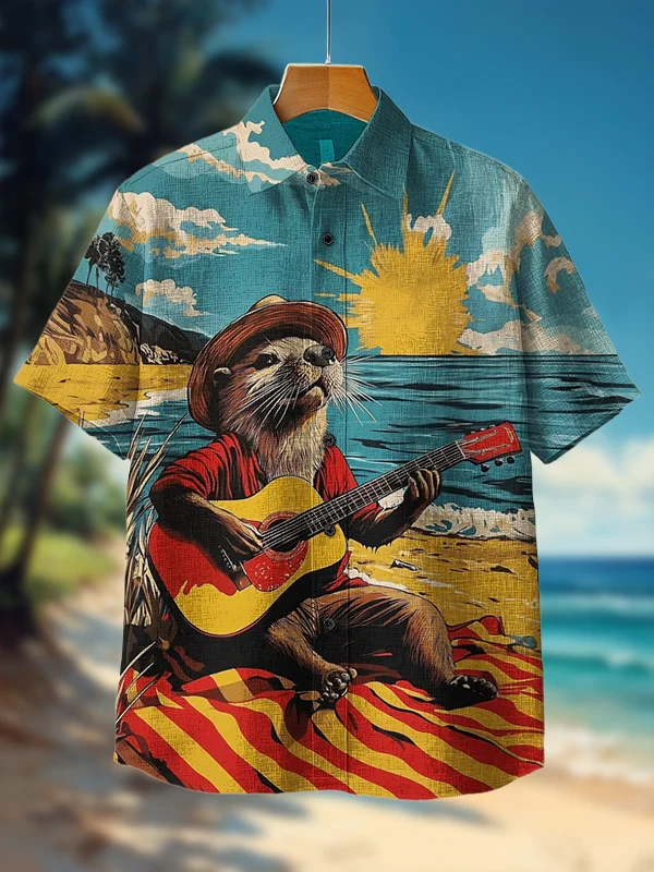 Men's Otter Playing Guitar On The Beach Art Print Short Sleeve Shirt