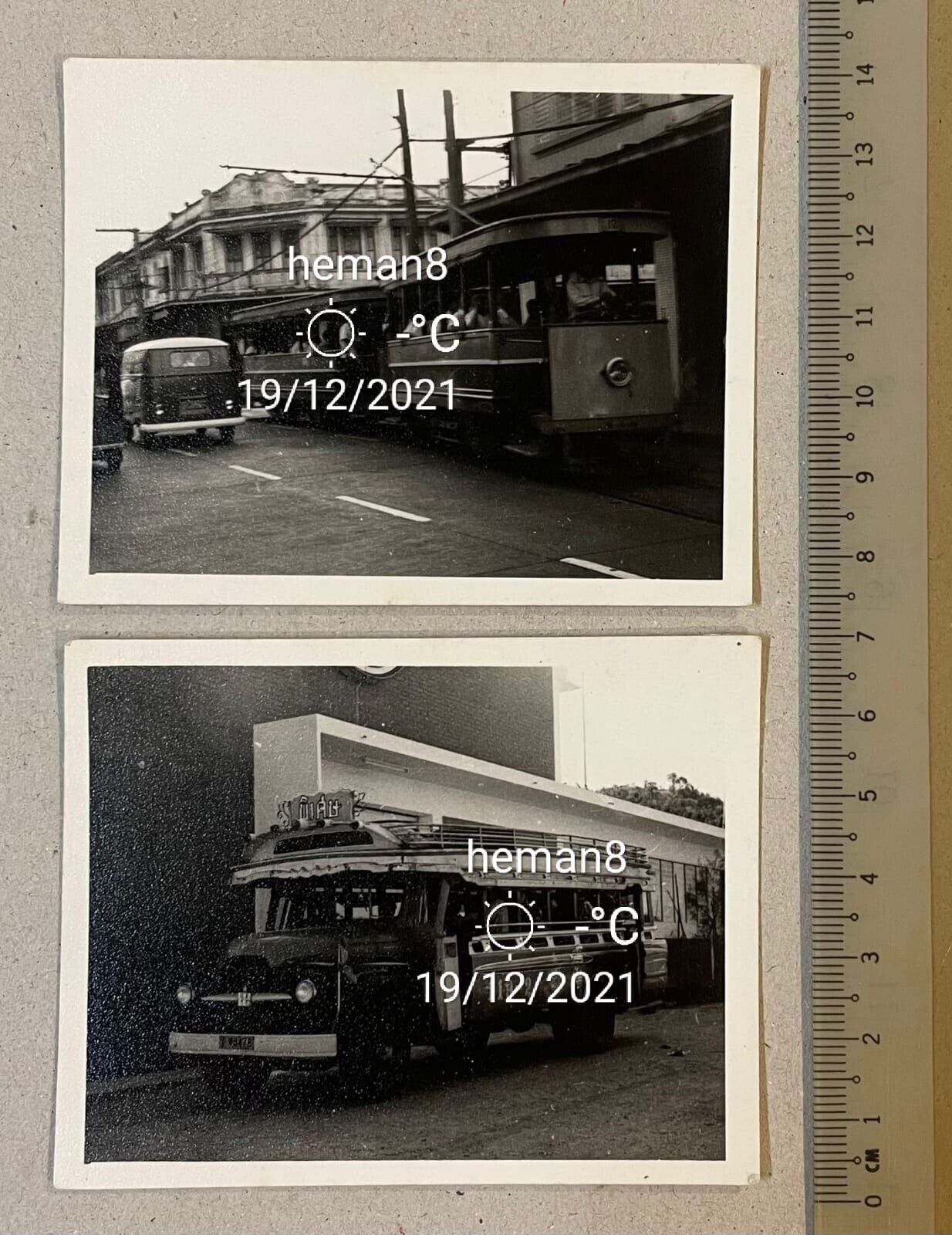 Vintage black & white Photo Poster painting x 2 Thailand / Siam Bangkok tram and bus