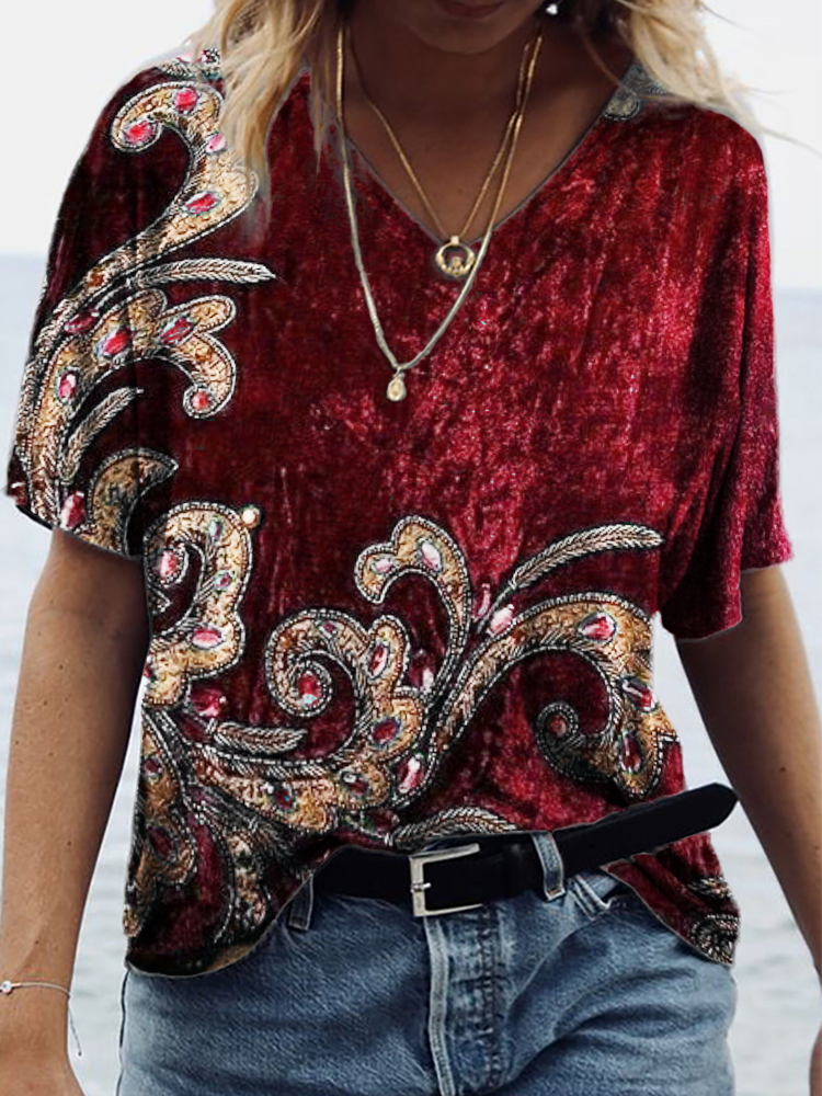  Rhinestone Floral Beaded Velvet V Neck T Shirt Westsshops