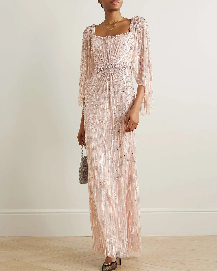 Embellished Sequined Tulle Gown