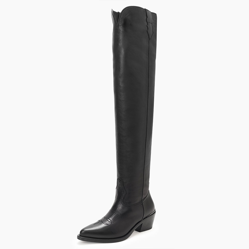Black Pull-On Pointed Toe Low Chunky Heel Tall Cowgirl Boots Nicepairs