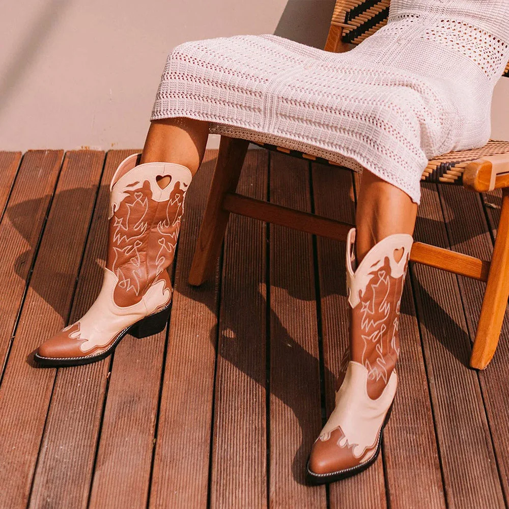 Brown & Ivory Chunky Heel Patchwork Cowgirl Boots with Embroidery