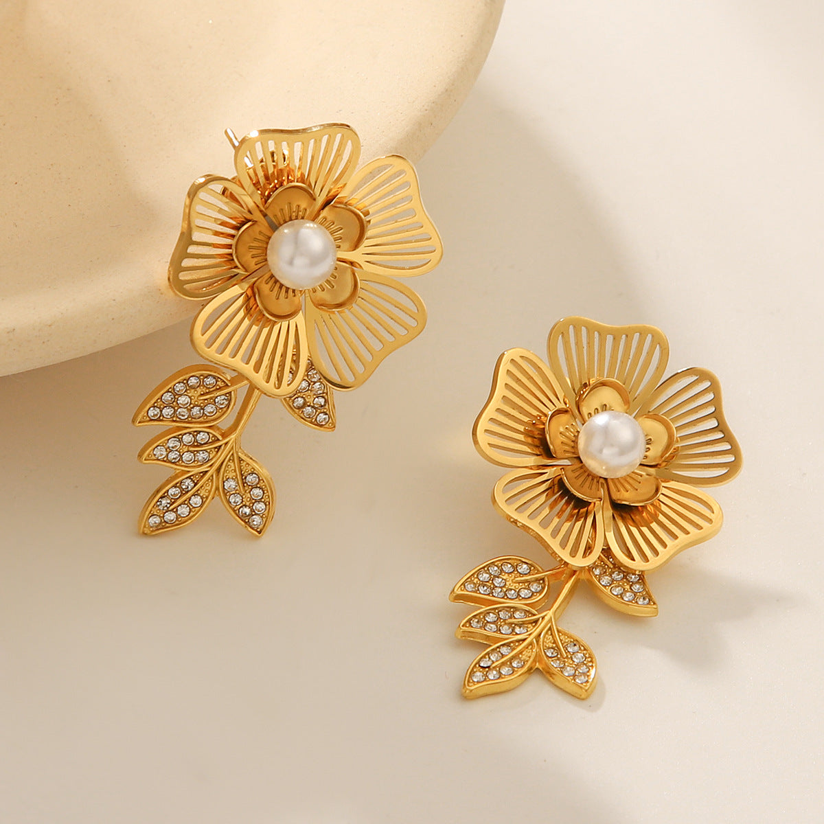 IG Style Pearl Leaf Flower Geometric Stainless Steel Electroplating Earrings