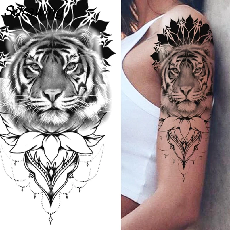 Sdrawing Tiger Temporary Tattoos For Men Women Kids Lion Skull Cross Tattoo Sticker Black Compass Skeleton Tatoos Leg Thigh 328-1