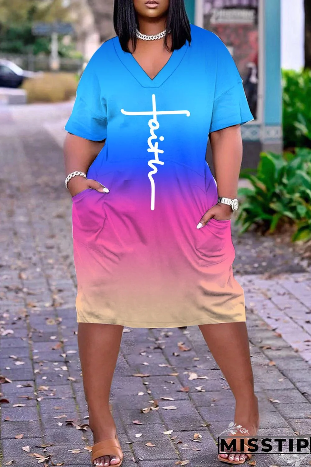 Blue Pink Casual Print Basic V Neck Short Sleeve Dress