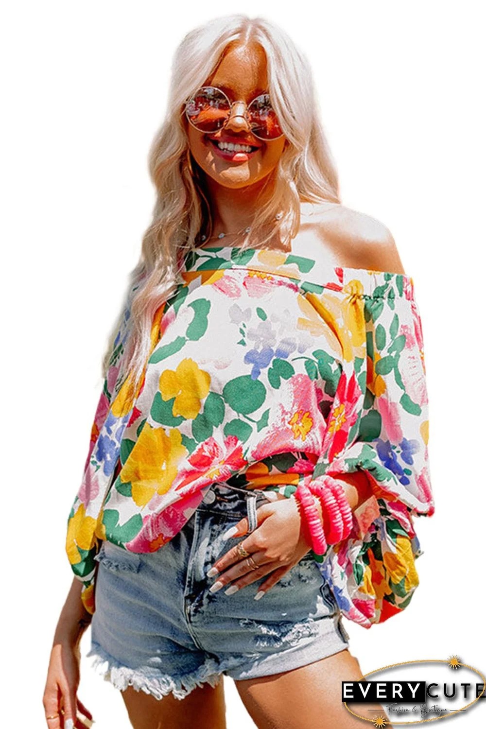 White Water Painting Flowers Sexy Off Shoulder Top