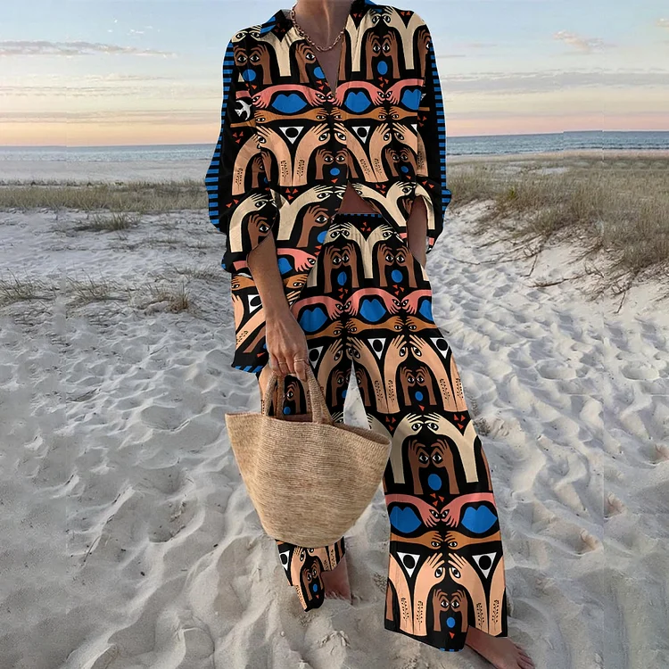 Women's Art Eyes Hands Printed Shirt & Pants Two-piece Set